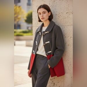 Old Navy Colorblock Wool Toggle Pea Coat, Brownish-Grey/Red, Size S